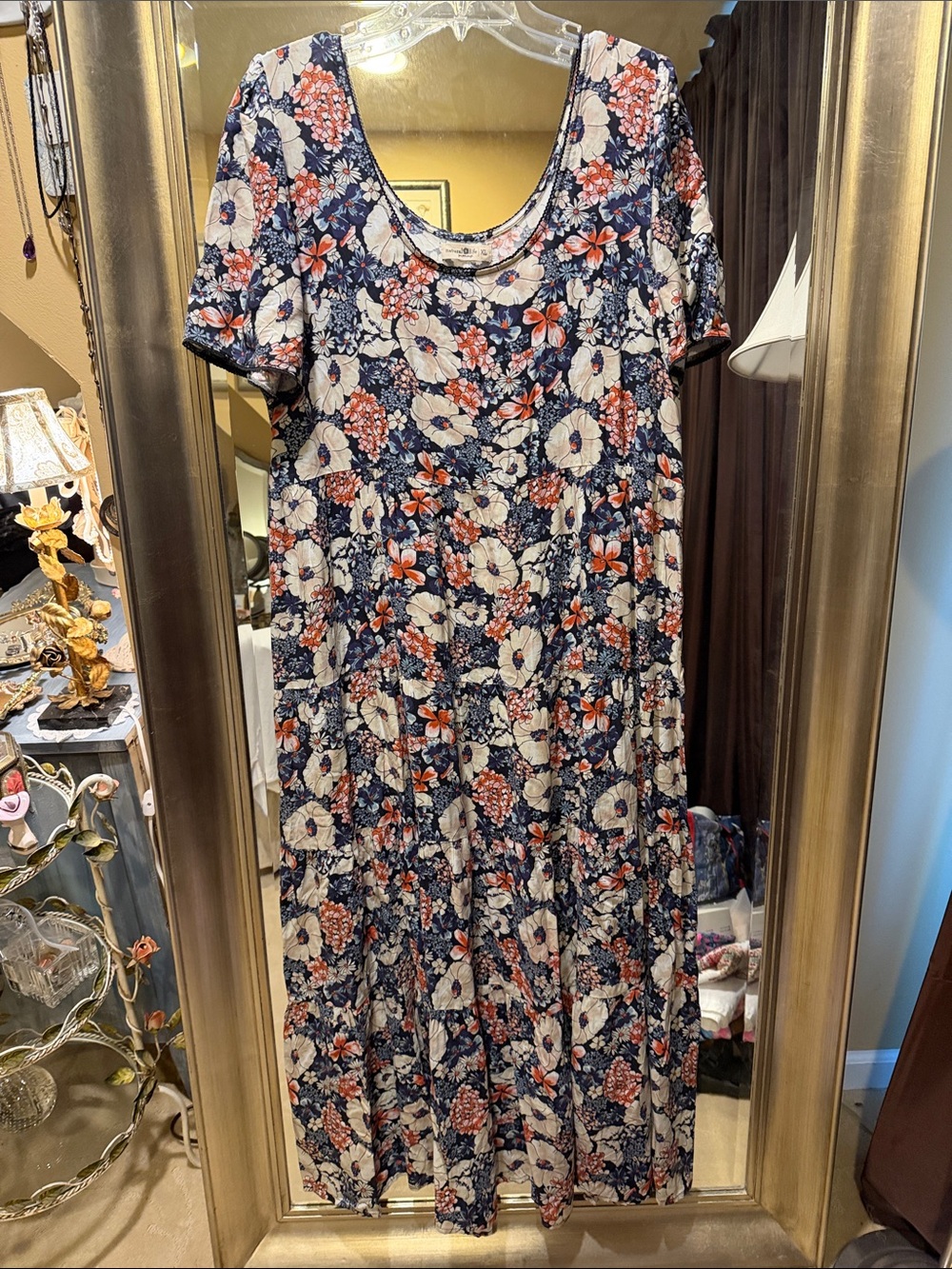 NATURAL LIFE Navy Floral Maxi Dress with White & Coral Blooms XL